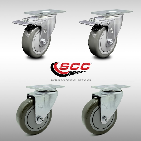 4 Inch SS Gray Polyurethane Top Plate Caster Total Lock Brakes SCC, 2PK